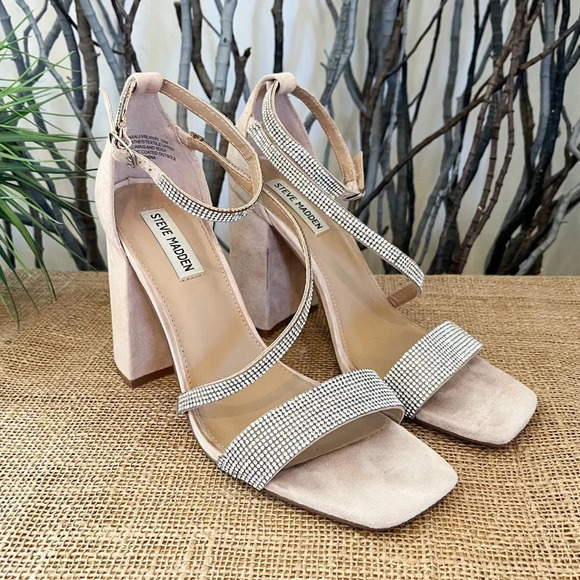 Steve Madden Varali Nude Rhinestone Block Heel Suede Sandals Size 10 - Picture 5 of 13